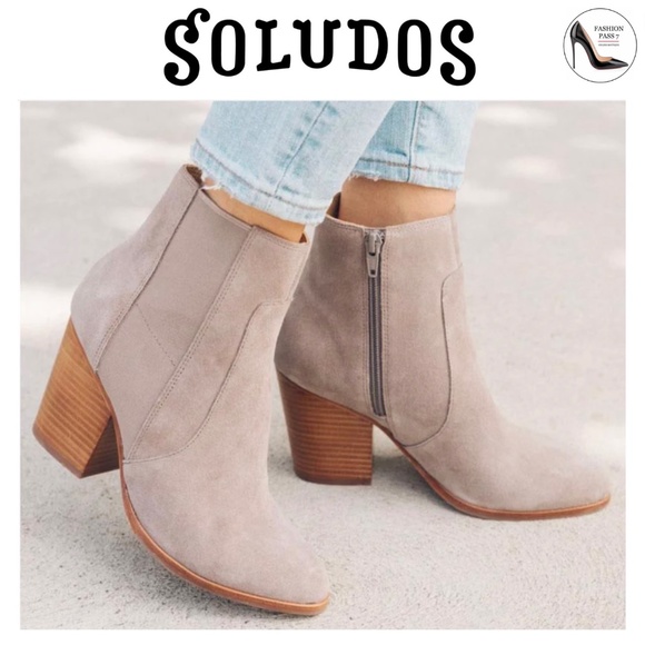 Soludos Emma Mineral Grey Suede Ankle Booties Leather Casual Block Heel Boots 10 - Picture 1 of 12